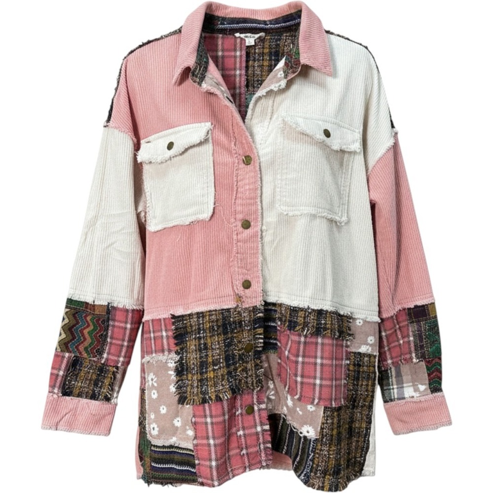 Blue Velvet Patchwork Corduroy Shacket Pink Cream Plaid Floral 9314BT Medium